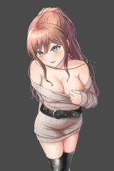 Rule 34 | 1girl, :d, arm behind back, bang dream!, bare shoulders, belt, black background, black belt, black footwear, blush, boots, breasts, brown hair, cleavage, clothes pull, dress, eyelashes, feet out of frame, from above, furiousghafo, green eyes, grey sweater, head tilt, highres, imai lisa, jewelry, lips, long hair, long sleeves, medium breasts, necklace, no bra, open mouth, perspective, ponytail, sidelocks, simple background, smile, solo, standing, strapless, strapless dress, sweater, sweater dress, thigh boots, thighs, upturned eyes, wide ponytail