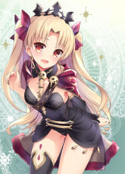 Rule 34 | 1girl, :d, bankoku ayuya, black leotard, black nails, black thighhighs, blonde hair, blush, breasts, cape, cowboy shot, detached sleeves, earrings, ereshkigal (fate), fate/grand order, fate (series), gold trim, gradient background, green background, hair ribbon, halterneck, head tilt, jewelry, leaning forward, leotard, long hair, long sleeves, looking at viewer, medium breasts, nail polish, open mouth, parted bangs, red cape, red eyes, red ribbon, ribbon, single detached sleeve, single thighhigh, skull, smile, solo, spine, standing, thighhighs, tohsaka rin, two side up