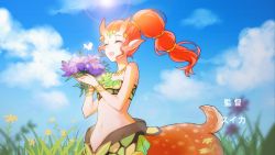 Rule 34 | 1girl, :d, absurdres, blue sky, bug, butterfly, centauroid, cloud, cloudy sky, dota (series), dota 2, enchantress (dota), eren (artist), closed eyes, flower, forehead, grass, highres, holding, holding flower, horns, insect, jewelry, navel, necklace, open mouth, orange hair, outdoors, pointy ears, ponytail, purple flower, sky, sleeveless, smile, solo, taur