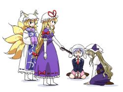 Rule 34 | 4girls, animal ears, animal hat, arm support, black eyes, black jacket, blazer, blonde hair, blue eyes, blue hair, blush, bow, breasts, brown footwear, dress, elbow gloves, folding fan, fox tail, from side, full body, gloves, grey hair, hair between eyes, hair bow, hand fan, hat, hat ribbon, helmet, holding, holding fan, itatatata, jacket, juliet sleeves, long hair, long sleeves, looking at viewer, medium breasts, miniskirt, mob cap, multiple girls, multiple tails, necktie, no shoes, open mouth, parted lips, petticoat, pink skirt, pleated skirt, profile, puffy short sleeves, puffy sleeves, purple dress, purple ribbon, rabbit ears, red bow, red neckwear, red ribbon, reisen, ribbon, ribbon-trimmed dress, role reversal, seiza, shadow, shirt, shoes, short hair, short sleeves, sidelocks, simple background, sitting, skirt, standing, tabard, tail, touhou, very long hair, wariza, watatsuki no toyohime, white background, white dress, white gloves, white hat, white legwear, white shirt, wide sleeves, yakumo ran, yakumo yukari