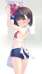 Rule 34 | 1girl, absurdres, apron, arms up, ass, back, bare arms, bare shoulders, bikini, bikini top only, black hair, blue shorts, blunt ends, blush, breasts, closed mouth, cowboy shot, cutoffs, denim, denim shorts, fang, from side, hair ornament, hairclip, highres, holding, looking back, na-ga, original, red bikini, short shorts, short sleeves, shorts, skin fang, small breasts, solo, standing, striped bikini, striped clothes, swimsuit, two-tone background, variant set, waist apron, white apron, yellow eyes