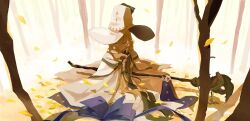 Rule 34 | 1girl, absurdres, autumn leaves, bare tree, black bow, black bowtie, black ribbon, black trim, blonde hair, book, bow, bowtie, braid, brooch, cape, chain, closed eyes, closed mouth, commentary, dtmahotsukai, falling leaves, fate/grand order, fate (series), forest, full body, glasses, gold trim, hair over shoulder, hair ribbon, hand up, hat, highres, holding, holding staff, jewelry, leaf, light smile, long hair, long sleeves, low-braided long hair, low-tied long hair, nature, open book, outdoors, red brooch, ribbon, robe, round eyewear, shade, sitting, solo, staff, star (symbol), striped, aesc (fate), tree, two-sided fabric, white cape, white hat, white robe, wide brim, wide sleeves, wind, witch hat, wooden staff