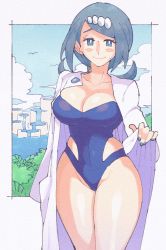 Rule 34 | 1girl, bare legs, blue eyes, blue hair, blue nails, blue one-piece swimsuit, blue sky, blush stickers, breasts, cleavage, closed mouth, commentary, cosplay, covered navel, creatures (company), curvy, game freak, highleg, highleg swimsuit, highres, inkerton-kun, lab coat, lana&#039;s mother (pokemon), large breasts, long hair, looking at viewer, mature female, nail polish, nintendo, one-piece swimsuit, outdoors, philena ivy, philena ivy (cosplay), pokemon, pokemon (anime), pokemon (classic anime), pokemon sm (anime), shiny skin, sky, smile, solo, standing, strapless, strapless one-piece swimsuit, sweat, swimsuit, symbol-only commentary, thighs, wide hips