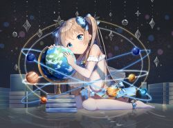Rule 34 | 1girl, barefoot, blue bow, blue eyes, blush, book, book stack, bow, globe, highres, light brown hair, long hair, looking at viewer, navel, original, reflection, ripples, see-through, sitting, smile, solo, torokeru none, twintails
