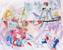 Rule 34 | 3girls, 4boys, asbel lhant, ascot, blonde hair, blue eyes, blue hair, blue shirt, brooch, brothers, brown eyes, brown hair, cheria barnes, coat, flower, glasses, gloves, hubert ozwell, inomata mutsumi, jewelry, long hair, malik caesars, multicolored hair, multiple boys, multiple girls, official art, pascal (tales), pink hair, purple eyes, purple hair, red hair, richard (tales), scarf, serious, shirt, short hair, siblings, smile, sophie (tales), sword, tales of (series), tales of graces, twintails, two-tone hair, two side up, weapon, white hair