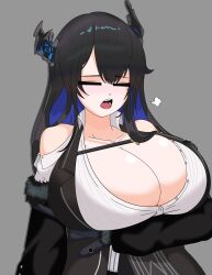Rule 34 | 1girl, = =, absurdres, alt text, alternate breast size, asymmetrical horns, black hair, black jacket, blue hair, breasts, cleavage, clothing cutout, collarbone, collared shirt, colored inner hair, commentary, demon horns, english commentary, grey background, highres, hololive, hololive english, horns, huge breasts, jacket, multicolored hair, nerissa ravencroft, nerissa ravencroft (1st costume), off shoulder, open mouth, shirt, shoulder cutout, simple background, solo, themastersos, virtual youtuber, white shirt, yawning