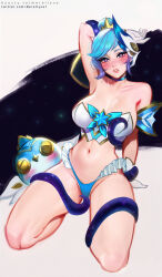 Rule 34 | 1girl, arm behind head, arm up, artist name, ball, bare shoulders, bird, blue panties, blush, breasts, cleavage, detached sleeves, gloves, green hair, hair bun, heart, heart in eye, highres, large breasts, league of legends, lingerie, looking at viewer, merellyne, navel, orianna (league of legends), panties, shiny skin, short hair, single hair bun, solo, space, star guardian (league of legends), star guardian orianna, stomach, symbol in eye, teeth, tentacles, underwear, watermark, web address, white background, white gloves