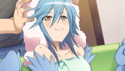 Rule 34 | 1boy, 1girl, artist request, blue feathers, blue hair, blue wings, blush, feathers, game cg, hair between eyes, harpy, monster girl, monster musume no iru nichijou, monster musume no iru nichijou online, naked towel, official art, papi (monster musume), smile, towel, towel on head, wet, winged arms, wings