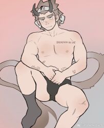 Rule 34 | 1boy, animal ears, bara, beard stubble, black male underwear, blush, briefs, brown hair, brown socks, bulge, cow boy, cow ears, cow tail, cropped legs, doodles, facial hair, fang, fang out, gh himainu, highres, horns, knee up, male focus, male underwear, mature male, nervous, nipples, own hands together, pectorals, short hair, shy, sideburns, socks, solo, sparse stubble, spread legs, stubble, tail, thick eyebrows, toned, toned male, underwear
