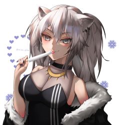 Rule 34 | 1girl, animal ears, artist name, bare shoulders, black choker, black jacket, black shirt, blush, bodystocking, breasts, choker, cleavage, closed mouth, clothes pull, commentary, dated commentary, food, fur-trimmed jacket, fur trim, grey eyes, grey hair, heart, highres, holding, holding food, holding ice cream, hololive, ice cream, jacket, jacket pull, lion ears, long hair, looking at viewer, medium breasts, misa pika, open clothes, open jacket, see-through, see-through cleavage, shirt, shishiro botan, shishiro botan (1st costume), simple background, smile, snowflakes, solo, tongue, tongue out, twintails, twitter username, upper body, virtual youtuber, white background