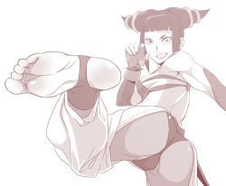 Rule 34 | 1girl, ass, barefoot, capcom, chinese clothes, drill hair, dudou, evil smile, feet, fingerless gloves, foot focus, gloves, halterneck, halterneck, han juri, kicking, monochrome, smile, soles, solo, stirrup legwear, street fighter, street fighter iv (series), toeless legwear, toes, twin drills, watarabe keiichi