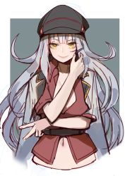 Rule 34 | 1girl, black hat, breasts, coat, coat on shoulders, cropped torso, facial scar, gangut (kancolle), hair ornament, hairclip, hat, kantai collection, long hair, looking at viewer, mugishima (mugishim4), navel, red shirt, scar, scar on cheek, scar on face, shirt, simple background, sketch, smile, solo, two-tone background, v, white coat, yellow eyes