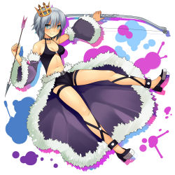 Rule 34 | 1girl, arrow (projectile), black footwear, black shirt, black shorts, blue eyes, bow (weapon), breasts, cape, choker, closed mouth, collarbone, commentary request, crown, detached sleeves, eyes visible through hair, fireflysnow, full body, fur-trimmed cape, fur-trimmed sleeves, fur trim, grey hair, halterneck, high heels, holding, holding arrow, holding bow (weapon), holding weapon, looking at viewer, medium breasts, navel, purple cape, purple sleeves, ragnarok online, revealing clothes, shiny skin, shirt, short hair, short shorts, shorts, skull, smile, solo, stalker (ragnarok online), waist cape, weapon, white background