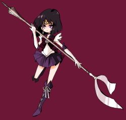 Rule 34 | 1990s (style), 1girl, bishoujo senshi sailor moon, black hair, bob cut, boots, bow, brooch, brown bow, choker, cross-laced footwear, elbow gloves, full body, glaive (polearm), gloves, holding, holding polearm, holding spear, holding weapon, jewelry, knee boots, lace-up boots, magical girl, maromi (am97), pleated skirt, polearm, purple eyes, purple footwear, purple skirt, retro artstyle, ribbon, sailor collar, sailor saturn, short hair, silence glaive, simple background, skirt, solo, spear, star brooch, tiara, tomoe hotaru, weapon, white gloves