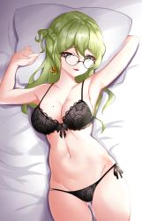 Rule 34 | 1girl, absurdres, armpits, arms up, black bra, black panties, blush, bow, bow bra, bra, braid, breasts, cleavage, cowboy shot, earrings, fang, glasses, green eyes, green hair, groin, highres, honkai (series), honkai impact 3rd, jewelry, lace, lace-trimmed bra, lace trim, long hair, looking at viewer, lying, medium breasts, midriff, mobius (honkai impact), mole, mole on breast, naughty face, navel, on back, on bed, panties, penguin uwu, side-tie panties, slit pupils, smile, solo, thighs, underwear, underwear only