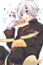 Rule 34 | 1boy, allen walker, bad id, bad pixiv id, bread, d.gray-man, eating, food, gloves, grey eyes, heart, open mouth, simple background, sitting, sparkle, surprised, sxupxdxxy, timcanpy, uniform, white hair