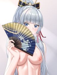 Rule 34 | 1girl, absurdres, ayaka (genshin impact), blue eyes, blunt bangs, blush, breasts, closed mouth, folding fan, genshin impact, hair ornament, hand fan, hand up, high ponytail, highres, holding, holding fan, long hair, looking at viewer, medium breasts, mole, mole under eye, nipples, ponytail, revision, sidelocks, silver hair, solo, suzhi2333, topless, upper body, very long hair