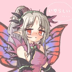 Rule 34 | 1girl, butterfly wings, commentary request, crown of thorns, facial mark, fairy, fairy wings, fire emblem, fire emblem heroes, forehead mark, hair vines, highres, htt il, insect wings, nintendo, plant, plant hair, plumeria (fire emblem), pointy ears, thorns, translation request, vines, wings