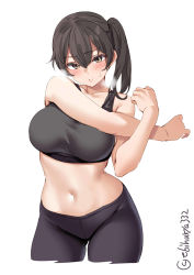 Rule 34 | 1girl, alternate costume, black sports bra, blush, breasts, breath, brown eyes, brown hair, cowboy shot, cross-body stretch, ebifurya, exercising, hair between eyes, highres, kaga (kancolle), kantai collection, large breasts, long hair, looking at viewer, navel, one-hour drawing challenge, pants, side ponytail, simple background, solo, sports bra, sportswear, stretching, sweat, twitter username, white background, yoga pants