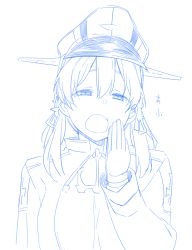 Rule 34 | 10s, 1girl, :o, anchor hair ornament, blue theme, gloves, hair ornament, hair ribbon, half-closed eyes, hat, himura kiseki, kantai collection, long hair, long sleeves, military, military uniform, monochrome, open mouth, peaked cap, prinz eugen (kancolle), ribbon, sketch, solo, tears, twintails, uniform, yawning