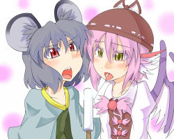 Rule 34 | 2girls, animal ears, bad id, bad pixiv id, bird wings, blush, capelet, collarbone, female focus, food, grey hair, hat, long sleeves, mashio, mouse ears, multiple girls, mystia lorelei, nazrin, open mouth, pink hair, popsicle, puffy sleeves, red eyes, tongue, touhou, wings, yellow eyes