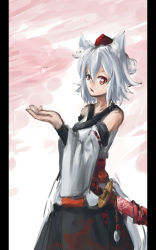Rule 34 | 1girl, animal ears, arceonn, bare shoulders, blowing kiss, detached sleeves, female focus, hat, inubashiri momiji, pillarboxed, red eyes, revision, sheath, sheathed, solo, sword, tail, tokin hat, touhou, weapon, white hair, wolf ears, wolf tail