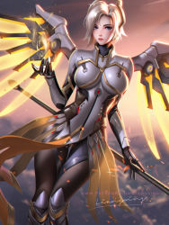 Rule 34 | 1girl, backlighting, blonde hair, blue eyes, blurry, blurry background, blurry foreground, blush, bodysuit, breasts, commentary, dutch angle, english commentary, gloves, glowing, highres, large breasts, liang xing, lips, looking at viewer, mechanical wings, mercy (overwatch), outdoors, overwatch, overwatch 2, pelvic curtain, short hair, signature, solo, spread wings, staff, watermark, web address, wings, yellow wings