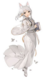 Rule 34 | 1girl, :d, akizone, au ra, book, breasts, cheeze (akizone), final fantasy, final fantasy xiv, full body, grey hair, highres, holding, holding book, horns, long sleeves, looking at viewer, medium hair, open mouth, petals, shoes, short hair, simple background, smile, solo, tail, warrior of light (ff14), white background