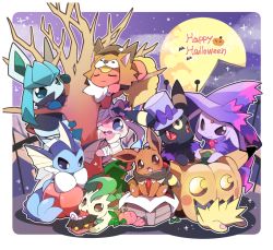 Rule 34 | azuma minatsu, bandages, bare tree, basket, blush, candy, climbing, cloak, closed eyes, clothed pokemon, cosplay, creatures (company), crescent, eevee, espeon, evolutionary line, facing away, facing viewer, flareon, food, game freak, gen 1 pokemon, gen 2 pokemon, gen 4 pokemon, gen 6 pokemon, glaceon, halloween, halloween costume, happy halloween, hat, in tree, jack-o&#039;-lantern, jolteon, leafeon, lollipop, looking at viewer, lying, moon, mummy costume, nintendo, no humans, on stomach, one eye closed, outline, outside border, pocky, pokemon, pokemon (creature), pumpkin, purple headwear, rounded corners, sitting, smile, sploot, swirl lollipop, sylveon, top hat, tree, umbreon, vaporeon, white outline, witch hat