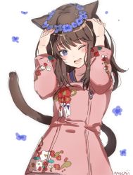 Rule 34 | 1girl, animal ears, arms up, artist name, blue eyes, blue flower, blush, cat ears, cat tail, commentary, commission, embarrassed, facepaint, female focus, final fantasy, final fantasy xiv, floral print, flower, furrowed brow, hair flower, hair ornament, hands on own head, head wreath, japanese clothes, kimono, long sleeves, looking at viewer, miqo&#039;te, mochii, one eye closed, open mouth, original, simple background, solo, tail, tail raised, warrior of light (ff14), white background