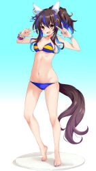 Rule 34 | 1girl, animal ears, arms up, bare arms, bare legs, barefoot, bead bracelet, beads, bikini, blue bikini, blue hair, blue nails, bracelet, breasts, brown hair, colored inner hair, daitaku helios (umamusume), double v, full body, happy, highres, horse ears, horse girl, horse tail, iwashi dorobou -r-, jewelry, long hair, looking at viewer, medium breasts, multicolored hair, nail polish, navel, side ponytail, smile, solo, standing, streaked hair, swimsuit, tail, toenail polish, toenails, two-tone hair, umamusume, v, yellow eyes