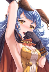 Rule 34 | 1girl, animal ears, arm up, armpits, black gloves, blue hair, breasts, cape, cleavage, commentary request, earrings, ferry (granblue fantasy), ferry (halloween) (granblue fantasy), gloves, granblue fantasy, highres, jewelry, long hair, looking at viewer, medium breasts, open mouth, sideboob, simple background, solo, tears, tomo (tmtm mf mf), white background, yellow eyes