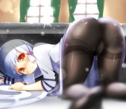 Rule 34 | 10s, 1girl, all fours, ass, bad id, bad pixiv id, black pantyhose, blue hair, blurry, boruhis, depth of field, hair ribbon, highres, indoors, kantai collection, long hair, looking at viewer, murakumo (kancolle), orange eyes, panties, panties under pantyhose, pantyhose, ribbon, short hair, solo, thighband pantyhose, top-down bottom-up, underwear