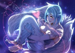 Rule 34 | 1girl, angel wings, barefoot, blue hair, blue nails, braid, breasts, cleavage, constellation, dress, elbow gloves, feet, french braid, gloves, half updo, heart, highres, hugging own legs, kuziaaizuk, large breasts, moira (nijisanji), mole, mole on breast, mole under mouth, nail polish, nijisanji, open mouth, orange eyes, short hair, smile, solo, space, star (sky), string, string around finger, string of fate, toenail polish, toenails, virtual youtuber, wings