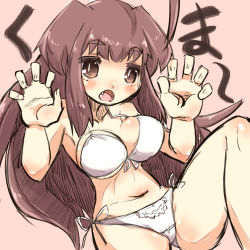 Rule 34 | 10s, 1girl, ahoge, bad id, bad pixiv id, bikini, blush, breasts, brown eyes, brown hair, cleavage, eyebrows, fang, kantai collection, kuma (kancolle), long hair, looking at viewer, navel, open mouth, paw pose, side-tie bikini bottom, solo, swimsuit, thick eyebrows, u-non (annon&#039;an)