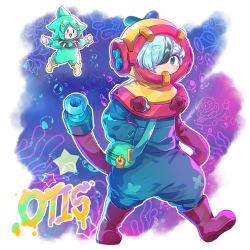 Rule 34 | :&gt;, afterimage, air bubble, blue hair, blush, blush stickers, boots, brawl stars, brown footwear, bubble, character request, coral, covered mouth, green eyes, green hair, hair over one eye, hand in pocket, highres, kaoling, long sleeves, looking at viewer, multicolored hair, onesie, parted lips, puffy long sleeves, puffy sleeves, short eyebrows, solid oval eyes, star (symbol), streaked hair, thick eyebrows, triangle mouth