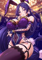 Rule 34 | 1girl, animal ears, arm under breasts, bare shoulders, blurry, blurry background, blush, bow, bowtie, breasts, bridal gauntlets, choker, cleavage, commentary request, covered navel, detached collar, fake animal ears, fate/grand order, fate (series), finger to face, garter straps, glitter, gloves, gold, groin, highres, huge breasts, lace, lace-trimmed gloves, lace-trimmed legwear, lace choker, lace trim, large breasts, leotard, long hair, looking at viewer, minamoto no raikou (fate), nail polish, o-ring, parted bangs, parted lips, playboy bunny, purple eyes, purple gloves, purple hair, purple lips, purple nails, purple thighhighs, rabbit ears, rabbit tail, sakiyamama, shiny skin, sidelocks, signature, skindentation, smile, solo, sparkle, studded, tail, taut clothes, taut leotard, thighhighs, thighs, very long hair, wrist cuffs