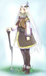 Rule 34 | 1girl, bad id, bad pixiv id, belt pouch, black pantyhose, blush, book, fur, headband, highres, long hair, nicohi, pantyhose, pixiv fantasia, pixiv fantasia sword regalia, pouch, red eyes, solo, staff, very long hair, vest, white hair