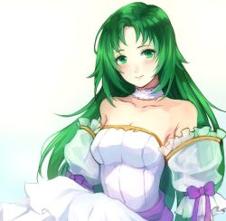 Rule 34 | 1girl, bare shoulders, breasts, bride, cecilia (fire emblem), cleavage, dress, elbow gloves, fire emblem, fire emblem: the binding blade, gloves, green eyes, green hair, jurge, long hair, looking at viewer, medium breasts, nintendo, simple background, smile, solo, strapless, strapless dress, upper body, wedding dress, white dress