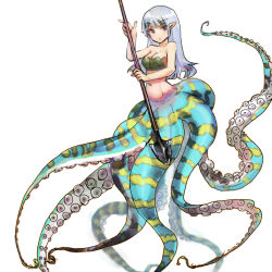 Rule 34 | 1girl, breasts, byte (grunty-hag1), cleavage, female focus, harpoon, long hair, monster girl, original, pointy ears, scylla, silver hair, simple background, solo, tentacles, white background