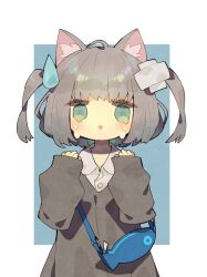 Rule 34 | 1girl, ahoge, animal ear fluff, animal ears, bag, bandaid, bandaid hair ornament, blue bag, border, brown dress, brown hair, buttons, cat ears, cat girl, chuno (poym), collared shirt, commentary, dress, fish, green eyes, hair ornament, handbag, hands up, highres, long sleeves, looking at viewer, open mouth, original, outside border, shirt, sleeves past wrists, smile, solo, standing, straight-on, symbol-only commentary, tears, two side up, upper body, water drop hair ornament, white border, white shirt, x hair ornament