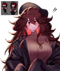 Rule 34 | beret, breasts, brown hair, brown sweater, friday night funkin&#039;, girlfriend (friday night funkin&#039;), hat, high collar, highres, jacket, large breasts, long hair, looking at viewer, messy hair, open clothes, open jacket, red eyes, surprised, sweater, usa37107692