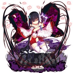 Rule 34 | 1girl, absurdly long hair, bad id, bad pixiv id, bare shoulders, black hair, bracelet, breasts, bug, butterfly, butterfly hair ornament, butterfly wings, cleavage, closed mouth, collarbone, disembodied limb, dual wielding, floral print, fog, full body, ghost, glowing, glowing butterfly, hair ornament, hair over one eye, hakama, hakama skirt, hand up, head tilt, holding, insect, insect wings, japanese clothes, jewelry, kimono, kneeling, long hair, looking at viewer, magic, medium breasts, miko, off shoulder, ofuda, original, pleated skirt, ratio (ratio-d), red eyes, red hakama, revision, ribbon-trimmed sleeves, ribbon trim, rock, sandals, shaded face, side slit, simple background, skirt, smile, solo, string, summoning, thighhighs, very long hair, white background, white thighhighs, wide sleeves, wings, zettai ryouiki