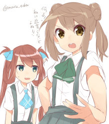 Rule 34 | 10s, 2girls, asagumo (kancolle), brown eyes, brown hair, double bun, folded hair, furrowed brow, green eyes, hair rings, kantai collection, maruki (punchiki), michishio (kancolle), multiple girls, open mouth, suspenders, sweatdrop, translation request, twintails, twitter username
