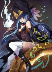 Rule 34 | 1girl, blue hair, boots, breasts, cleavage, errant, green eyes, halloween, happy halloween, hat, jack-o&#039;-lantern, long hair, magic, original, pumpkin, sitting, solo, thighhighs, white thighhighs, witch hat