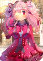 Rule 34 | 1girl, ;), blurry, blurry background, bow, breasts, closed mouth, commentary request, depth of field, gloves, grey vest, hair between eyes, hair ribbon, hand up, jacket, kou hiyoyo, layered skirt, long hair, long sleeves, looking at viewer, medium breasts, one eye closed, original, phantasy star, phantasy star online 2, pink hair, pleated skirt, red bow, red eyes, red gloves, red jacket, red ribbon, red skirt, ribbon, skirt, smile, solo, twintails, vest, wing hair ornament