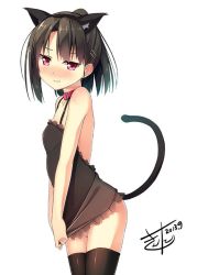 Rule 34 | 1girl, 3:, animal ears, artist name, bad id, bad twitter id, black hair, black thighhighs, blush, camisole, cat ears, cat tail, choker, closed mouth, cowboy shot, embarrassed, fake animal ears, frills, hair ornament, hairclip, kinta (distortion), looking at viewer, no panties, nose blush, original, pink eyes, ponytail, purple eyes, signature, simple background, solo, tail, thighhighs, thighs, white background