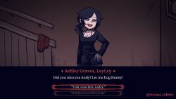 Rule 34 | 1girl, ashley graves, black hair, black shirt, black shorts, crossover, english text, hand on own hip, helltaker, highres, looking at viewer, open mouth, pink eyes, ponytail, shirt, shorts, smug, the coffin of andy and leyley, vanripper (style), watasi tokimi