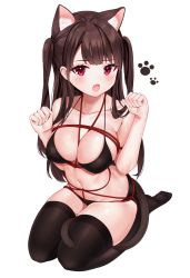 Rule 34 | 1girl, :o, animal ear fluff, animal ears, bare arms, bare shoulders, bikini, black bikini, black bra, black panties, black thighhighs, blush, bra, breasts, brown hair, cat ears, cat girl, cat tail, cleavage, collarbone, covered erect nipples, extra ears, fang, full body, halterneck, hands up, highres, large breasts, long hair, looking at viewer, navel, no shoes, open mouth, original, panties, paw pose, red eyes, reel (riru), seiza, shibari, sidelocks, simple background, sitting, skindentation, solo, stomach, string bikini, swimsuit, tail, thighhighs, thighs, two side up, underwear, white background