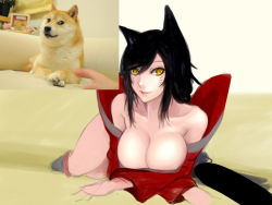 Rule 34 | 1girl, ahri (league of legends), animal ears, bare shoulders, black hair, breasts, censored, cleavage, detached sleeves, dog, doge, facial mark, fox ears, korean clothes, kumiko shiba, large breasts, league of legends, lips, long hair, lying, meme, on stomach, parody, photo inset, reference inset, reference photo, shiba inu, solo, whisker markings, yellow eyes